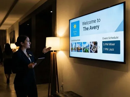 A hotel host beside a lobby welcome screen listing the weather and the evening's events