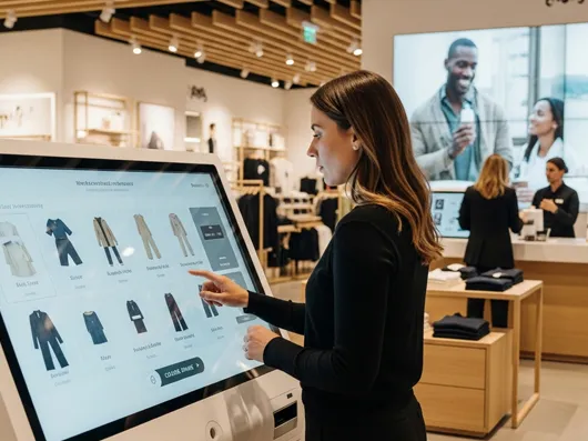 A shopper browsing clothing on a large touchscreen table in a store